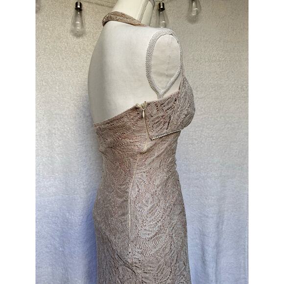 Vintage 90's Cach'e Gold Sparkly Halter Side Ruffle Maxi Dress Women's Small 4 - Picture 11 of 13